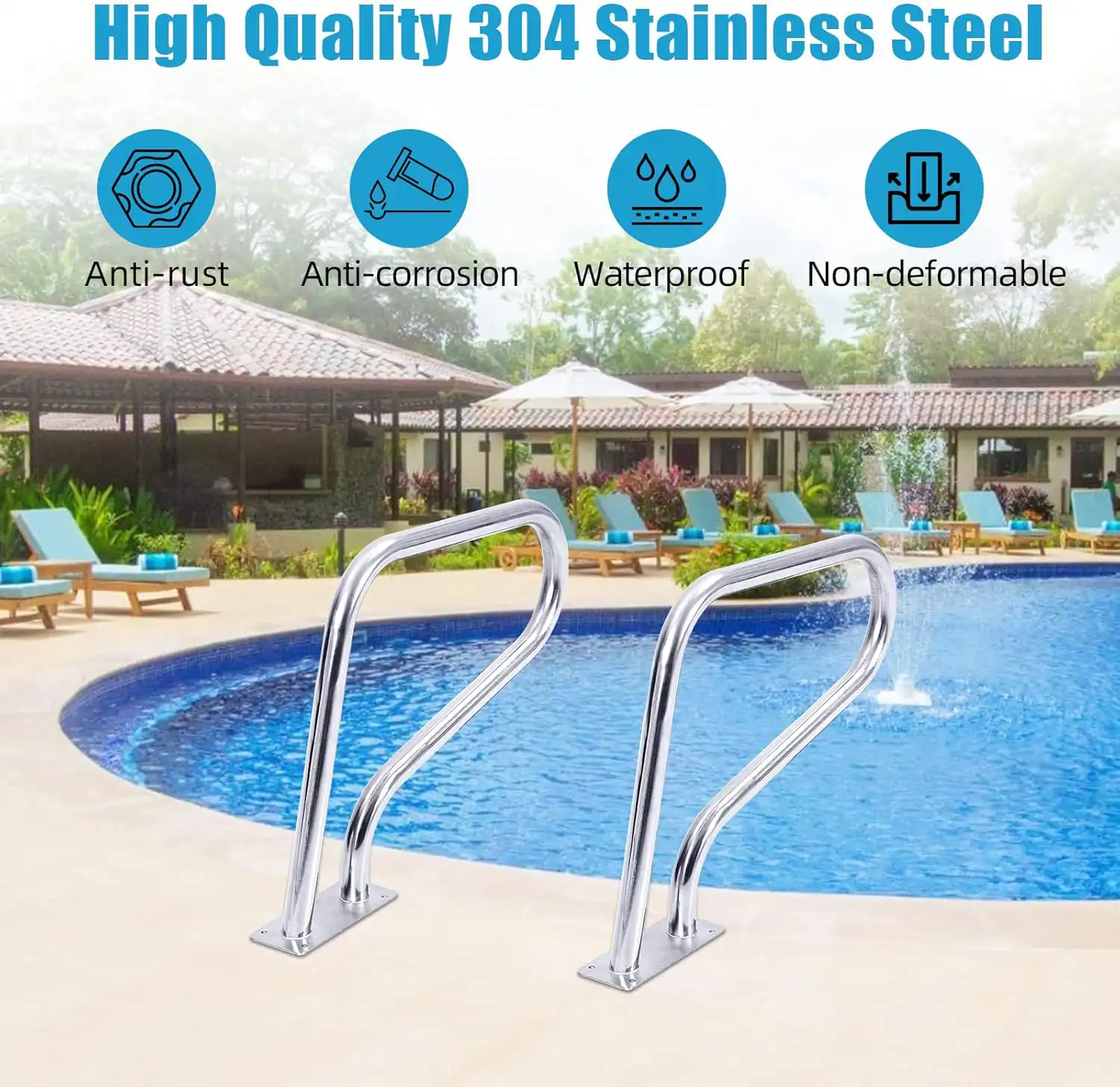 Stainless Steel Pool Handrail Silver with Non-Slip Blue Grip Cover - Image 3