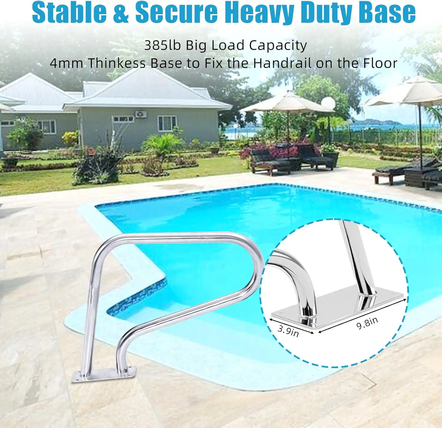 Stainless Steel Pool Handrail Silver with Non-Slip Blue Grip Cover - Image 4